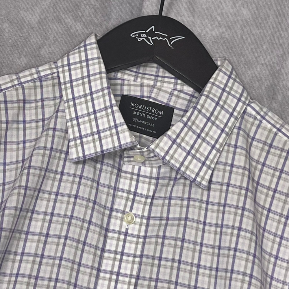 Nordstrom Mens Shop Smartcare Dress Shirt Purple Grey Plaid Trim Fit 16.5 32-33